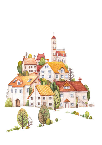 水彩画のイラスト、丘の上の小さくて美しいヨーロッパの村。花のバルコニーと木々が付いた赤とオレンジのタイル張りの屋根を持つ家のグループ - road street hill landscape点のイラスト素材／クリップアート素材／マンガ素材／アイコン素材