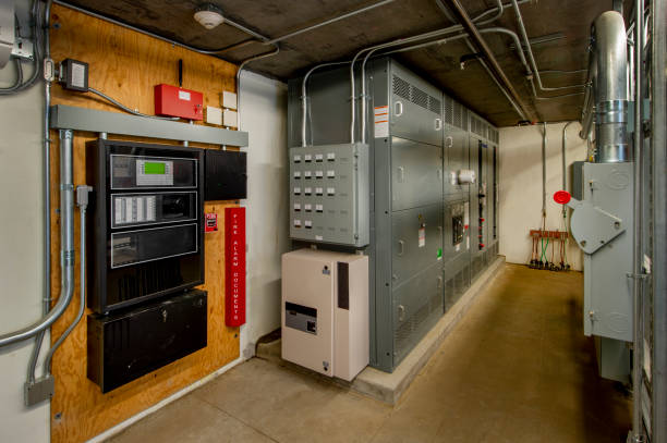sala elétrica com detector de fumaça - electricity control panel electricity substation transformer - fotografias e filmes do acervo