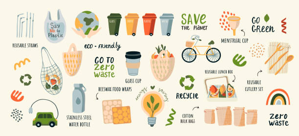 ilustrações de stock, clip art, desenhos animados e ícones de a collection of vector illustrations by zero waste. eco icons with earth, bicycle, nature of plants isolated on light glass jars, ecological grocery bags, wooden cutlery, menstrual cup, thermomug - lunch box lunch box metal