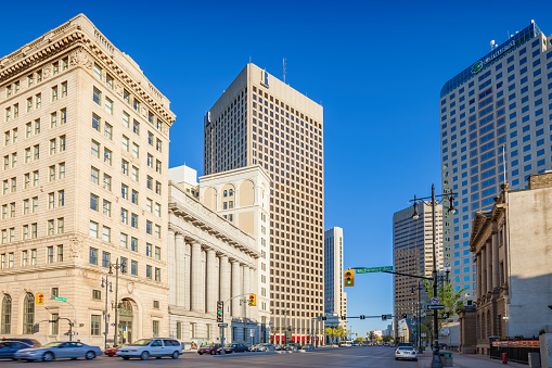 Main Street in downtown Winnipeg Manitoba Canada on a sunny day.
