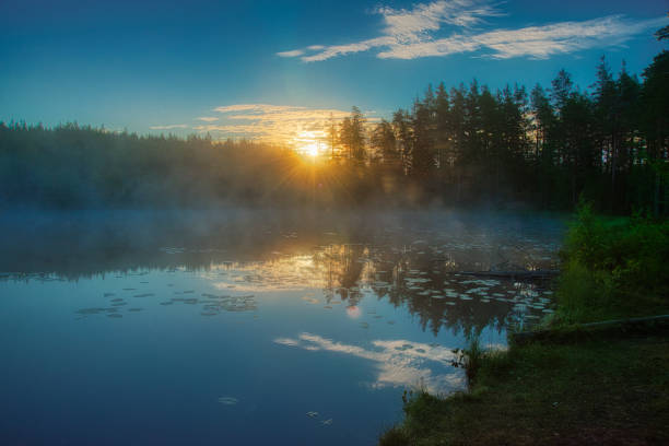Rising sun shines through the trees, the morning fog covers the mirror of the forest lake
