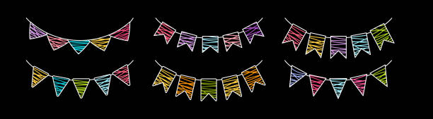 Flag garland birthday party line chalk graphic set Flag garland bunting birthday party line chalk graphic set. Anniversary, celebration party hanging flags multicolored collection. Buntings pennants festival decoration. Isolated vector illustration sports chalk stock illustrations