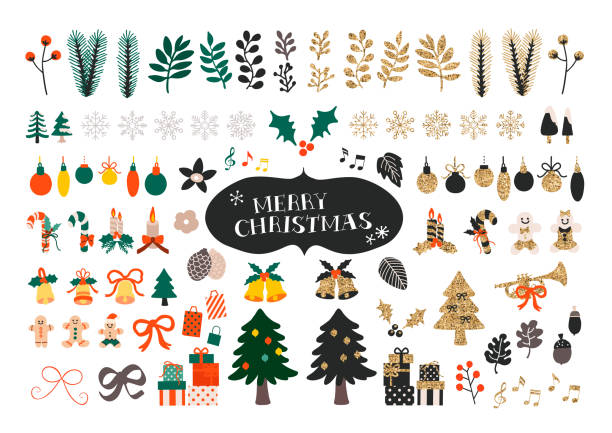 Vector set of Christmas icons. Christmas tree, gift boxes, bells and cute gingerbread man. Vector set of Christmas icons. Christmas tree, gift boxes, bells and cute gingerbread man. Flat cartoon colorful vector illustration. christmas illustration stock illustrations