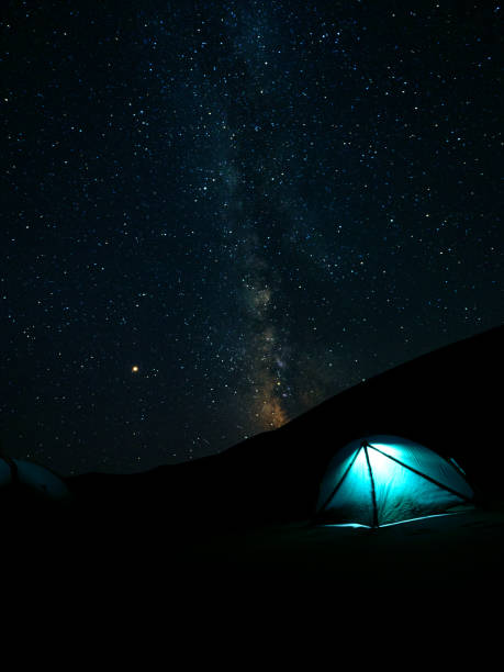 The Milky Way The Milky Way with an illuminated tent in the Great Sand Dunes National Park great sand dunes national park stock pictures, royalty-free photos & images