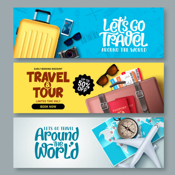 Travel banner set vector background template. Travel and tour banner collection with travel elements Travel banner set vector background template. Travel and tour banner collection with travel elements and tourist destinations and typography for promotions. Vector illustration. travel agencies stock illustrations