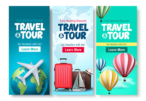 Travel and tour poster set vector background design. Travel and tour early booking discount with traveling  elements for tourism online promotional purposes. Vector illustration.