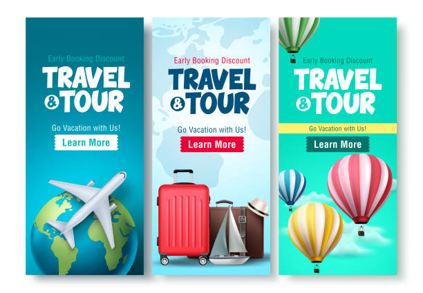 Travel and tour poster set vector background design. Travel and tour early booking discount with traveling  elements Travel and tour poster set vector background design. Travel and tour early booking discount with traveling  elements for tourism online promotional purposes. Vector illustration. travel agencies stock illustrations