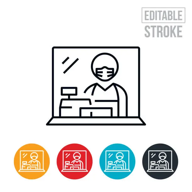 Vector illustration of Cashier Wearing Face Mask Behind Sneeze Guard Thin Line Icon - Editable Stroke