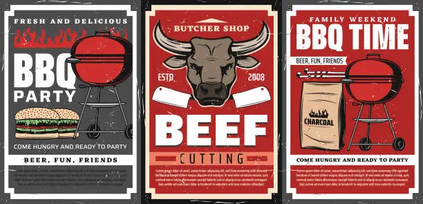Vector illustration of Barbecue grill and meat food, posters of bbq party