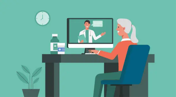 Vector illustration of senior woman using computer video call conferencing to doctor online