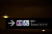 Toilet sign in Thai, English and Chinese languages with icons of male, female, and disabled person on wheelchair, and white arrow pointing to the right on black led panel.