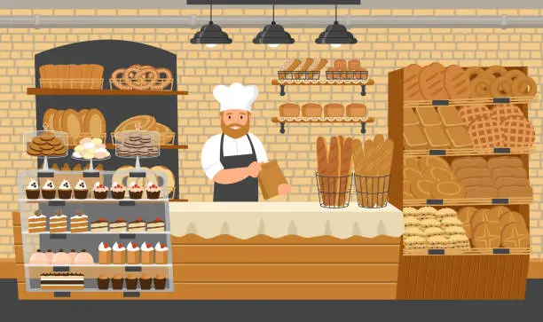 Vector illustration of Bakery shop. Showcases with bread, buns and cakes. Baker.