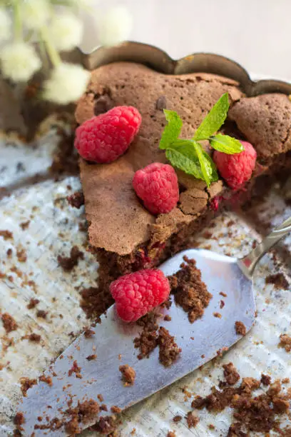 a piece of homemade tasty brownie with organic raspberries and mint - summer time