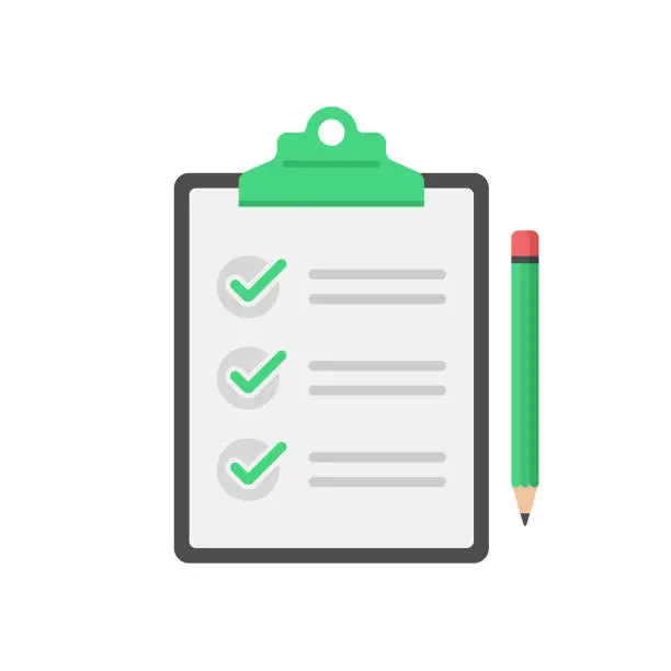 Vector illustration of Checklist, Clipboard and Pencil Icon Flat Design on White Background.