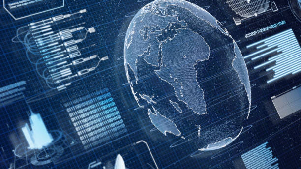 istock Blue digital HUD Earth world information scanning hologram user interface background. Military and Space technology concept. Futuristic environment and economic. 3D illustration rendering 1269460125