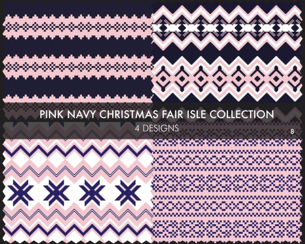 ilustrações de stock, clip art, desenhos animados e ícones de pink navy christmas fair isle seamless pattern collection - christmas cardigan woven pattern