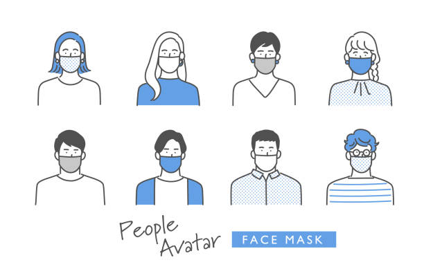 stockillustraties, clipart, cartoons en iconen met mensen avatar pictogram set - man met mondkapje