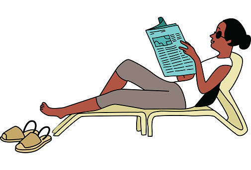 Black woman with a bun, stretched out on a deck chair, sunbathing and reading. Tranquil scene in summer.