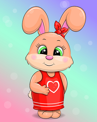 Cute Cartoon Rabbit In Red Dress With Heart Stock Illustration ...