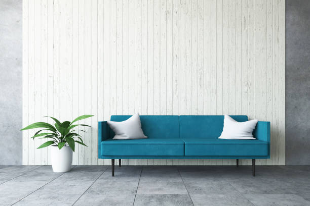 sala de oficinas 3d con sofá azul, diseño de renderizado - chair desk white office fotografías e imágenes de stock