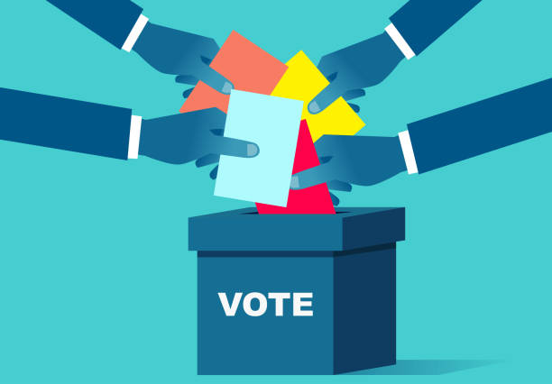 Voting, hand holding the ballot paper into the ballot box Voting, hand holding the ballot paper into the ballot box democratic party usa illustrations stock illustrations