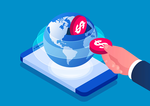 Isometric hand putting gold coin into the globe of smartphone, business concept of global financial investment