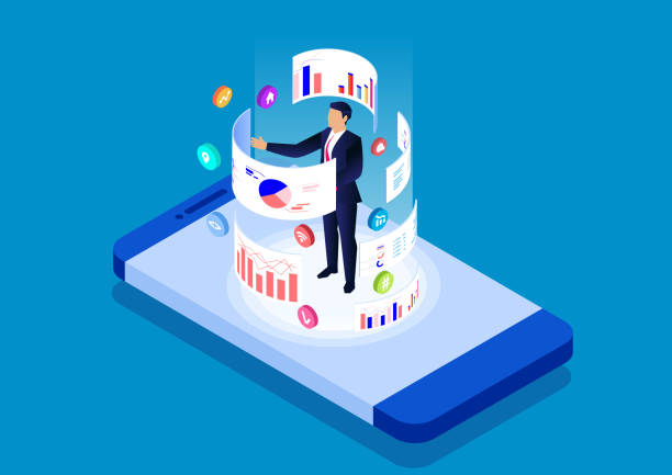 ilustraciones, imágenes clip art, dibujos animados e iconos de stock de herramienta de análisis y gestión de datos en línea de smartphone, aplicación móvil de análisis de datos - analytical instruments