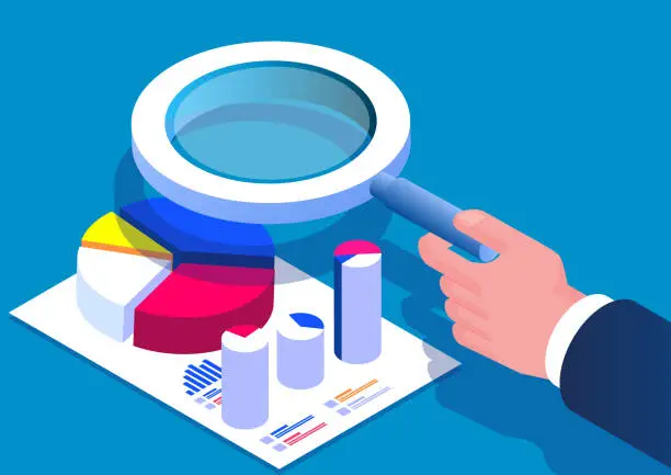 Vector illustration of Isometric hand holding a magnifying glass analyzing pie and column charts, business financial data analysis, financial analyst, business management