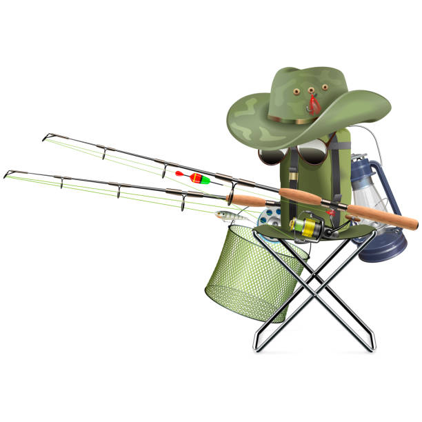 ilustrações, clipart, desenhos animados e ícones de equipamento de pesca vetorial com cadeira dobrável - minnow