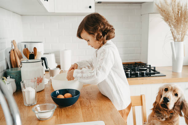 little girl preparing dough for pancakes at the kitchen. - baking flour ingredient animal egg imagens e fotografias de stock