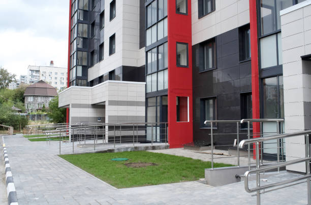 Moscow region, Russia - August 29, 2020: Facade of newly built apartment block