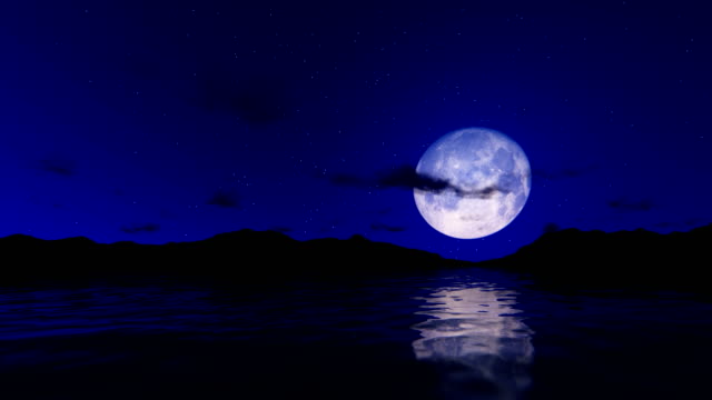 Romantic scene with full moon reflecting on water surface against starry sky and timelapse clouds, 4K