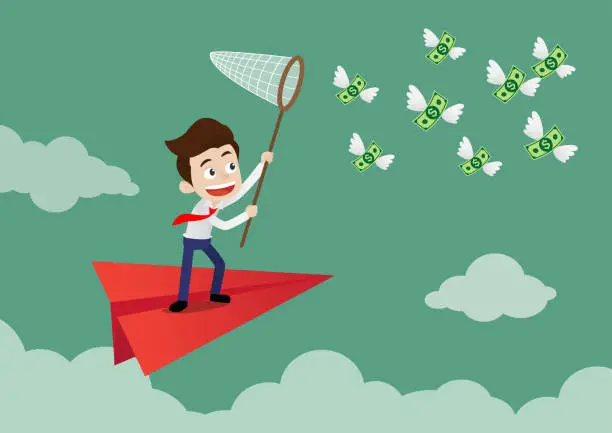 Vector illustration of Businessman is standing on paper plane floating in the sky and trying to catch the flying money