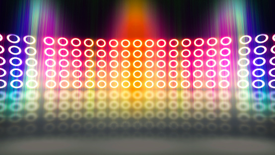 Background of empty room with spotlights and lights. Abstract sparkling background. Illuminated stage on the stadium. Laser futuristic shapes on a dark background. 3D illustration.