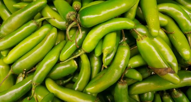 istock Serrano chili peppers on a market stand, close up full frame image. 1269471187