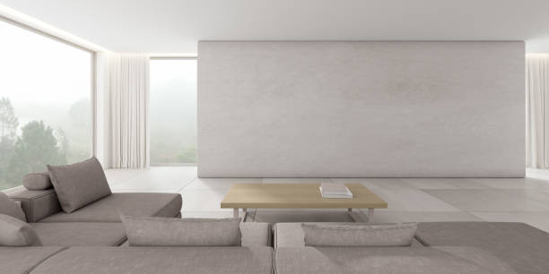 istock 3d render of modern living room with sofa and large plain concrete wall on nature background. 1269472972