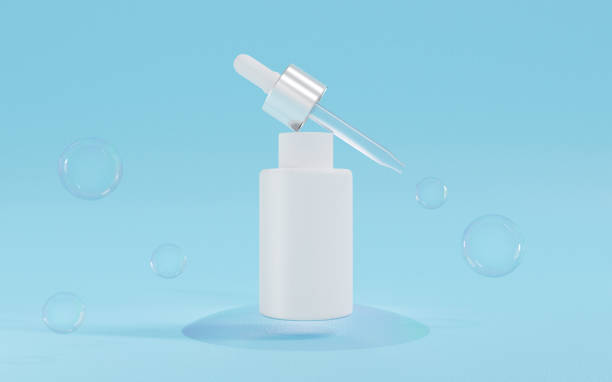 3d rendering of blank white cosmetic serum bottle mockup on blue pastel background scene with glass bubbles water for aroma oil and skin care. Beauty brand product for display and banner ad. representación en 3d de la maqueta de botella de suero cosmético blanco en blanco en la escena de fondo pastel azul con burbujas de vidrio agua para el aceite de aroma y el cuidado de la piel. producto de la marca de belleza para display y banner ad.