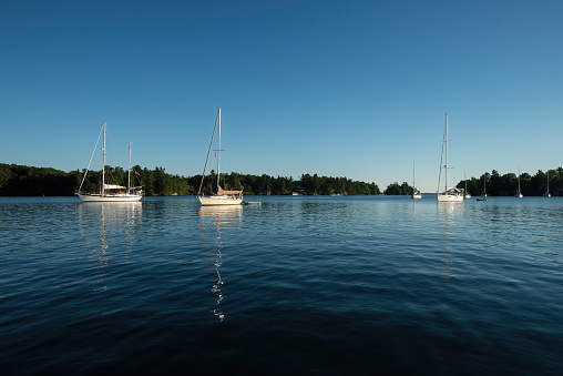 Sailboats anchored on the St. Lawrence River in the Thousand Islands near Gananoque, Ontario, Canada. The Thousand Islands are a group of more than 1,800 islands that straddle the US and Canadian border. It has been a popular vacation spot for over a century.