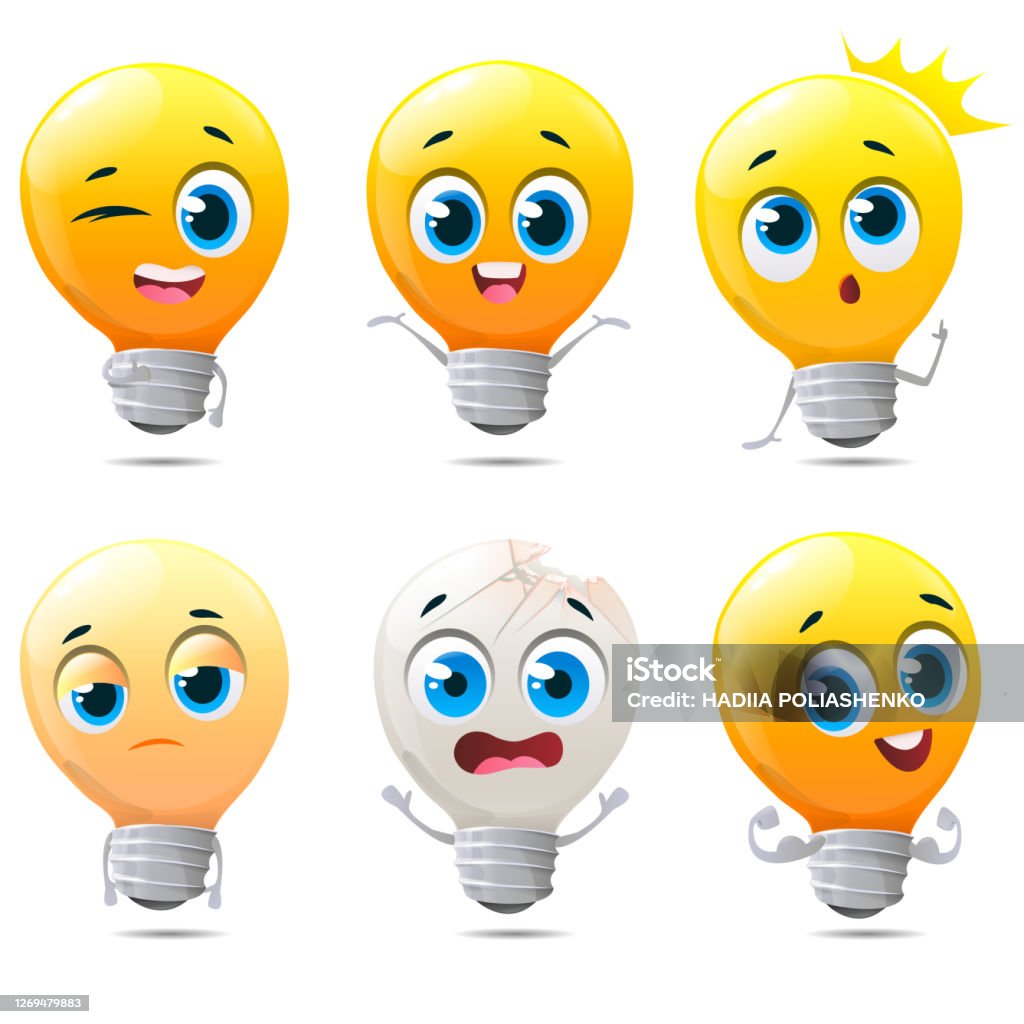 Set Of Cartoon Light Bulbs Characters Light Bulb Idea With Creative Drawing  Set Of Different Emotions Faces And With Different Actions On White  Background Vector Illustration Stock Illustration - Download Image Now -