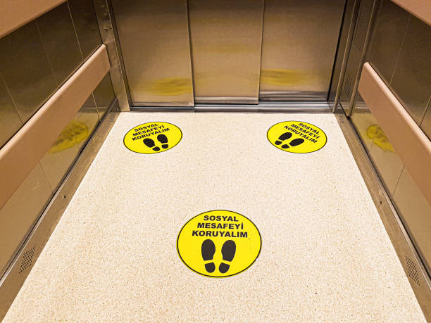 istock elevators and interiors are marked with social distance points. 1269479899