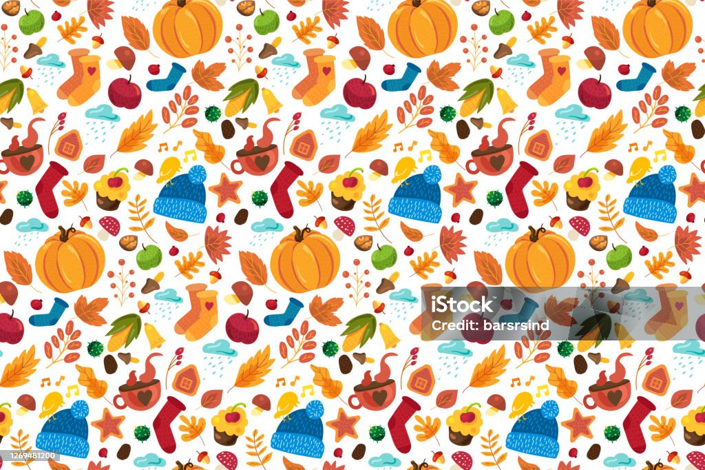 Cutie Fall Pattern Autumn Pattern With Cute Fall Symbols Ornament Stock Illustration ...