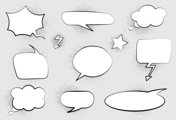 satz von schwarz und weiß speech bubbles in comics retro-stil - comic book cartoon poof exploding stock-grafiken, -clipart, -cartoons und -symbole