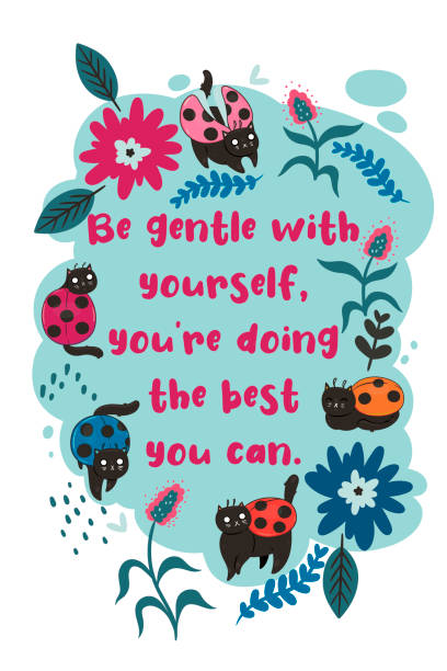 Postcard with cats-ladybirds and the inscription Be gentle with yourself, you re doing the best you can. Vector graphics. Postcard with cats-ladybirds and the inscription Be gentle with yourself, you re doing the best you can. Vector image. ladybug frame border clip art stock illustrations