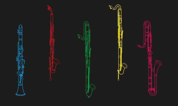 illustrazioni stock, clip art, cartoni animati e icone di tendenza di disegni a linee colorate di contorno clarinetto soprano, clarinetto contralto, clarinetto contraccettivo, clarinetto basso e contorno strumento musicale clarinetto contrabbasso - musical instrument close up wind instrument brass instrument