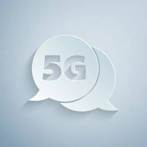 Vector illustration of Paper cut 5G new wireless internet wifi connection icon isolated on grey background. Global network high speed connection data rate technology. Paper art style. Vector