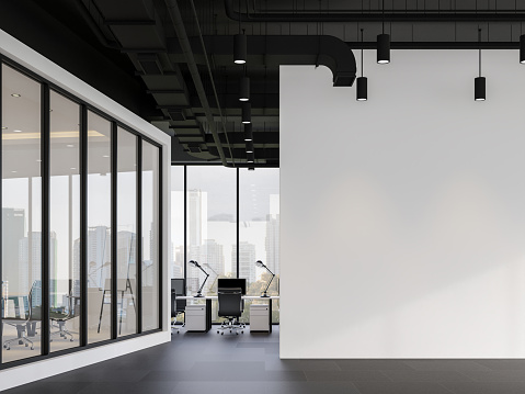 Oficina de estilo minimalista con pared blanca vacía 3d render photo