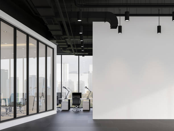 oficina de estilo minimalista con pared blanca vacía 3d render - modern office fotografías e imágenes de stock