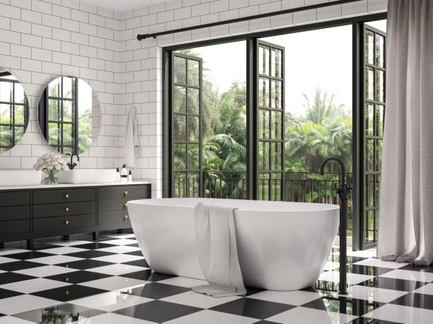 체커 플로어 타일 3d 렌더가 있는 고전적인 욕실 - black and white beautiful luxury elegance 뉴스 사진 이미지