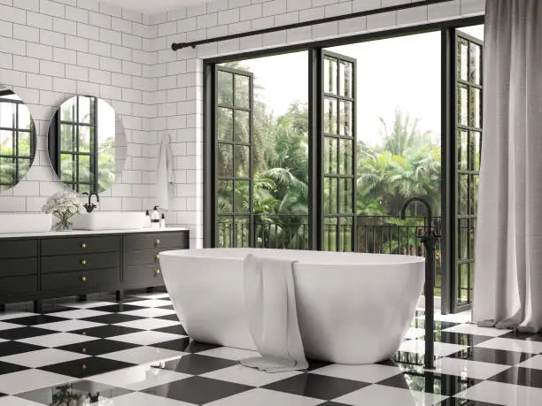 Photo of Classical bathroom with checker floor tile 3d render