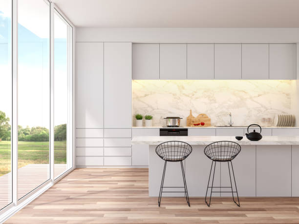 nowoczesna biała kuchnia z widokiem na naturę 3d render - villa house marble tropical climate zdjęcia i obrazy z banku zdjęć